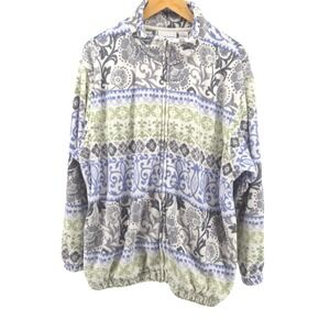 Alfred Dunner Floral‎ Fleece Jacket Womens L Full Zip Gray Blue Green Cozy